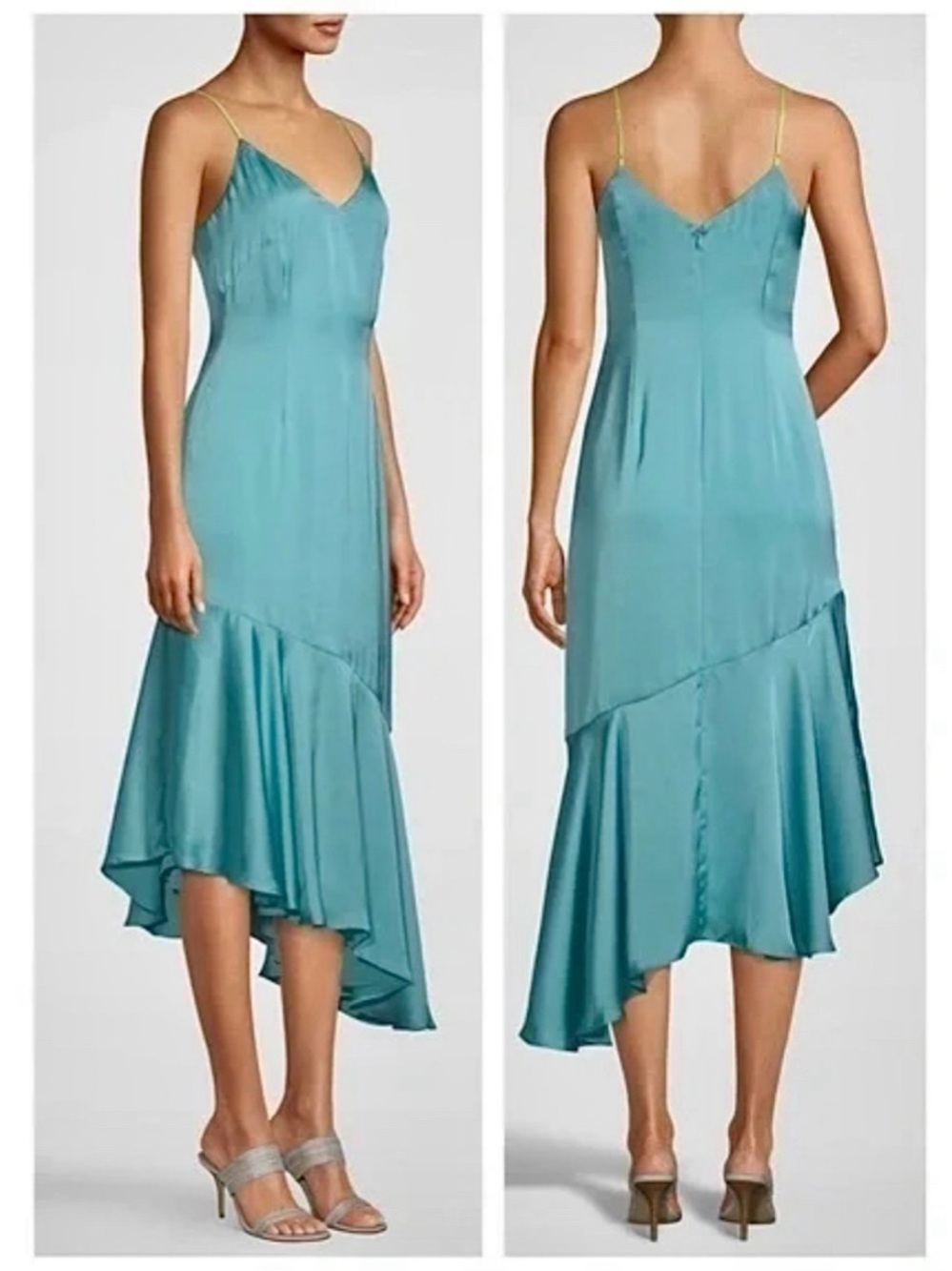 White House Black Market Satin Midi Dress w Mermaid Hem Turquoise Blue Sz 12